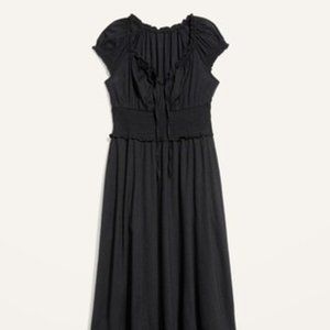 Black Waist-Defined Puff-Sleeve Clip-Dot Midi Dress